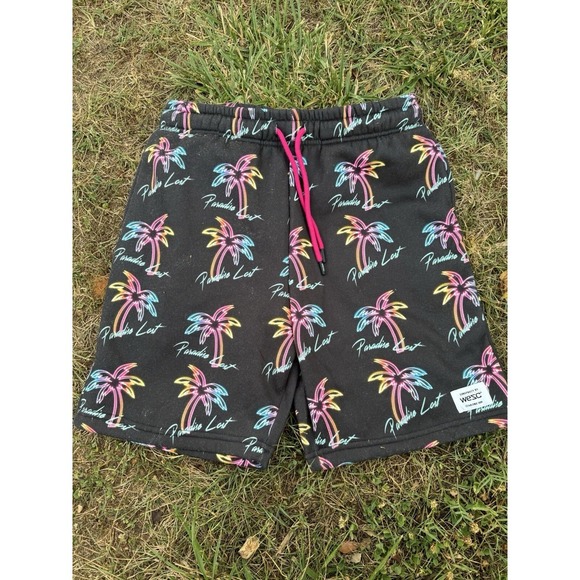 Wesc mens Black tropical multi color palm trees fleece sweat shorts size Small - Picture 2 of 12